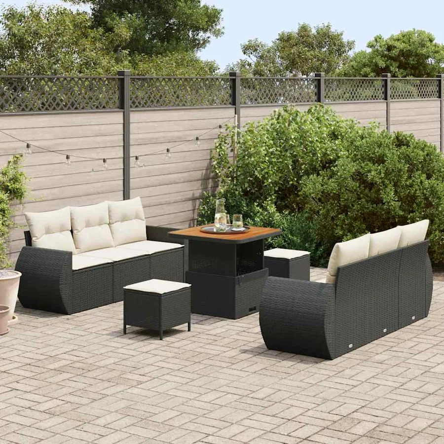 Ensemble de canapé de jardin avec coussin 9 pcs Noir polyrotin - 3