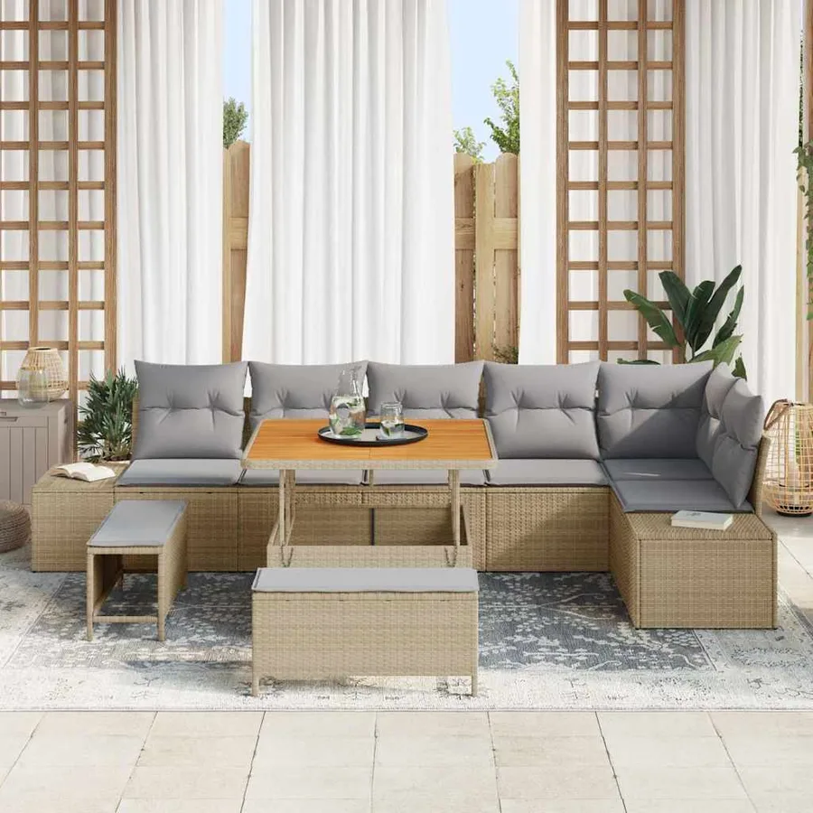 Ensemble de canapé de jardin avec coussin 9 pcs Beige polyrotin - 3