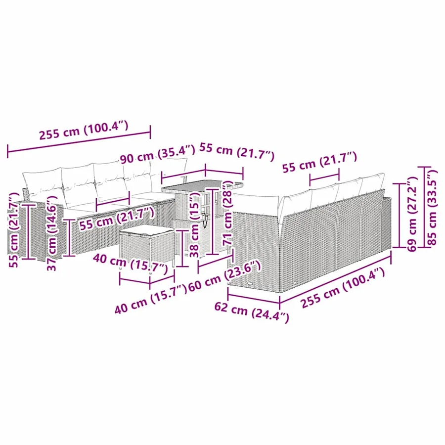 Ensemble de canapé de jardin 11 pcs Beige polyrotin - 14