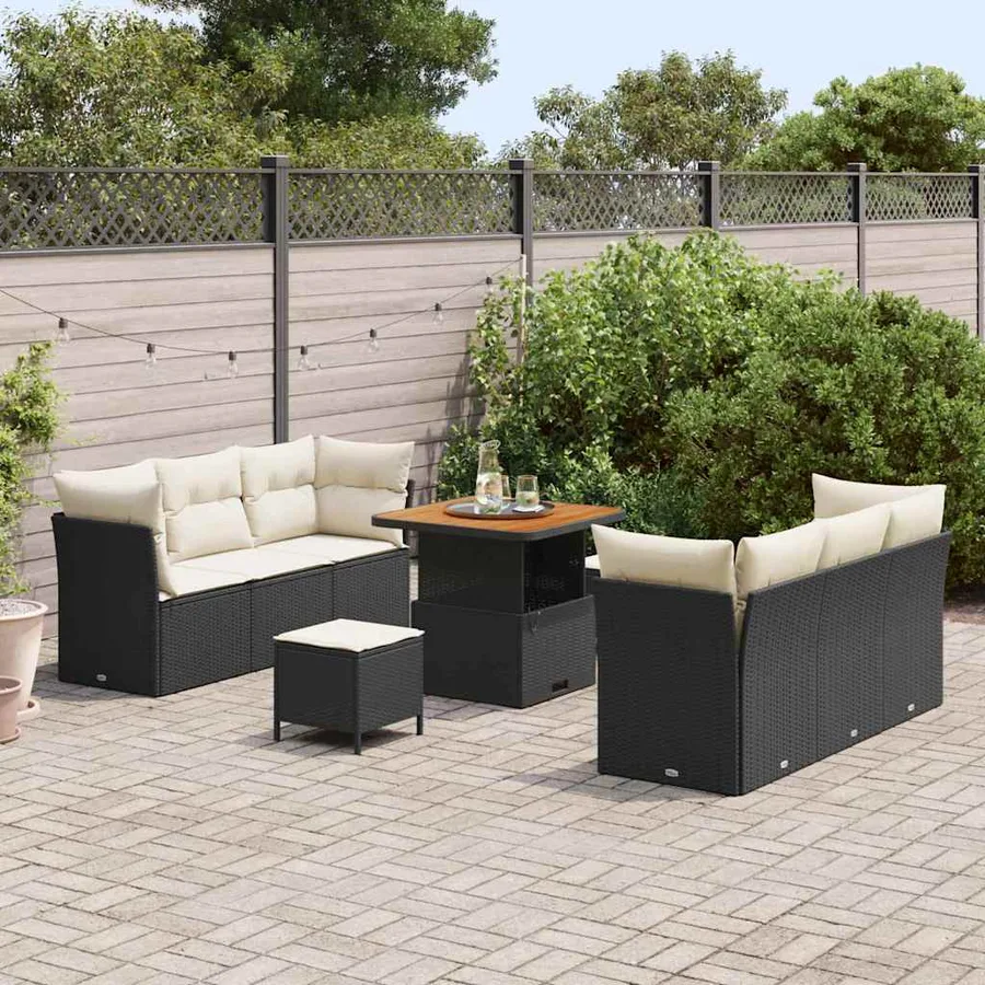 Ensemble de canapé de jardin 9 pcs Noir et Crème polyrotin - 3
