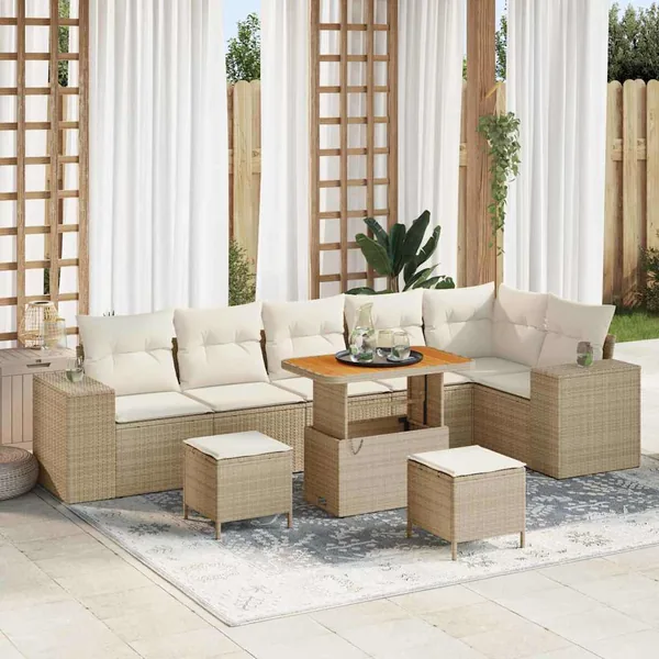 Ensemble de canapé de jardin avec coussin 9 pcs Beige polyrotin