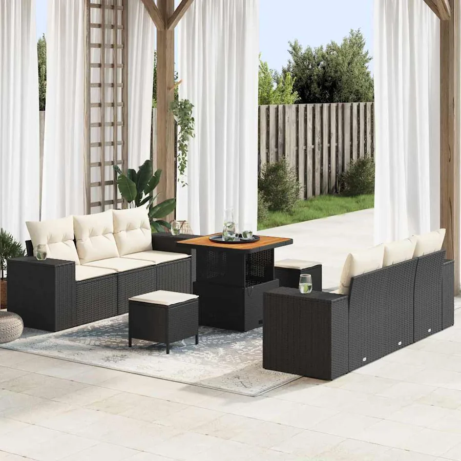 Ensemble de canapé de jardin avec coussin 9 pcs Noir Poly rotin