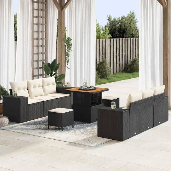 Ensemble de canapé de jardin avec coussin 9 pcs Noir Poly rotin