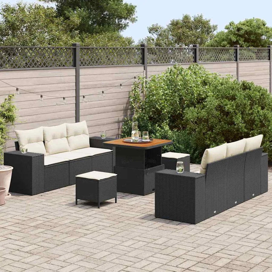 Ensemble de canapé de jardin avec coussin 9 pcs Noir Poly rotin - 3