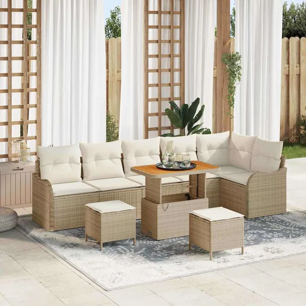 Ensemble de canapé de jardin avec coussin 9 pcs Beige polyrotin