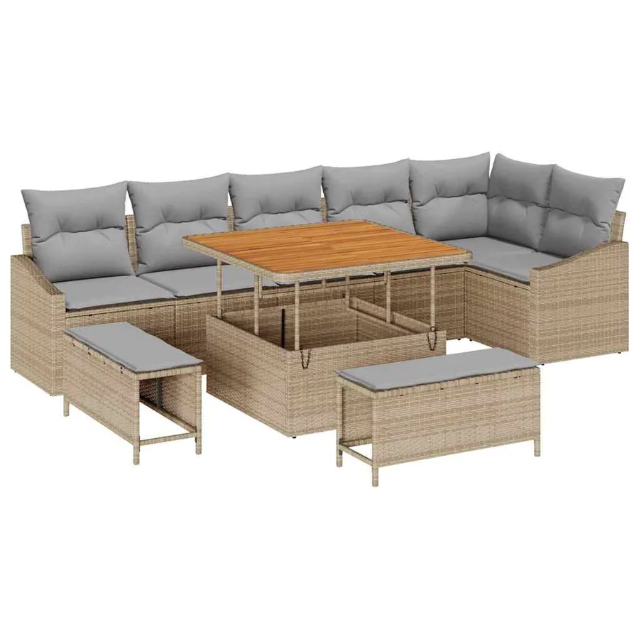 Ensemble de canapé de jardin avec coussin 9 pcs Beige polyrotin - 2