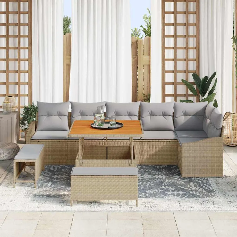 Ensemble de canapé de jardin avec coussin 9 pcs Beige polyrotin - 3