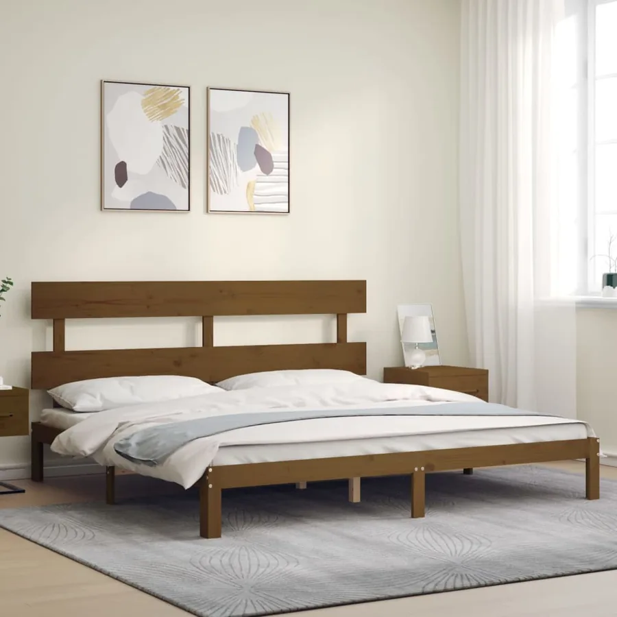 Cadre de lit sans matelas marron miel 200x200cm bois pin massif - 3