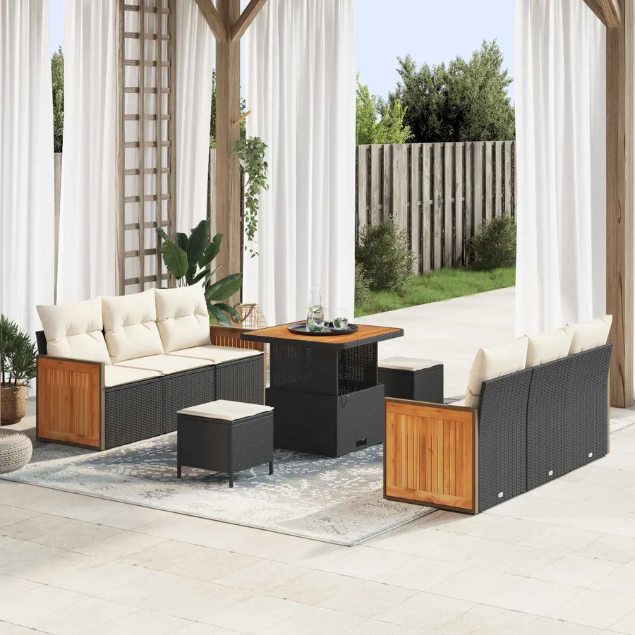 Ensemble de canapé de jardin avec coussin 9 pcs Noir et Crème