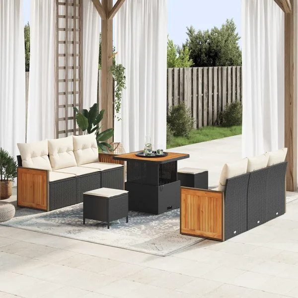 Ensemble de canapé de jardin avec coussin 9 pcs Noir et Crème
