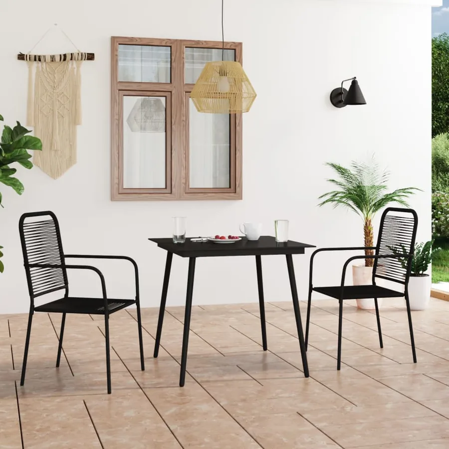 Ensemble à manger de jardin 3 pcs Corde en coton et acier Noir