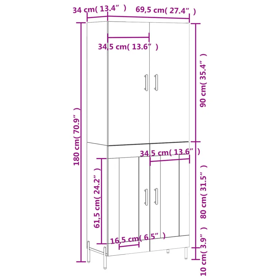 Buffet haut Blanc 69,5x34x180 cm Bois d'ingénierie - 13
