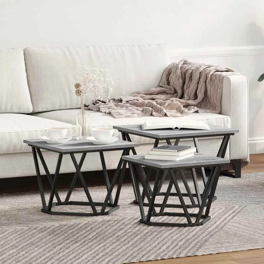 Table basse 3 pcs Gris Sonoma Bois d'ingénierie et acier