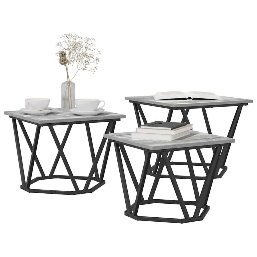 Table basse 3 pcs Gris Sonoma Bois d'ingénierie et acier - 3