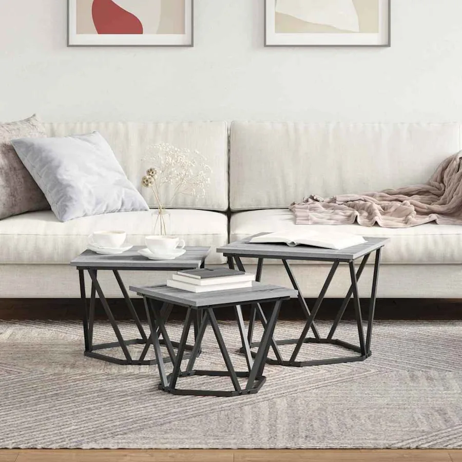 Table basse 3 pcs Gris Sonoma Bois d'ingénierie et acier - 4