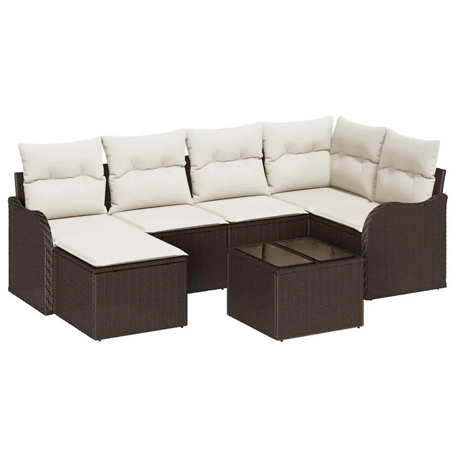 Ensemble de canapé de jardin 7 pcs Marron et blanc Poly rotin - 2