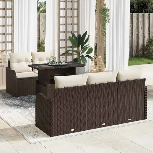 Ensemble de canapé de jardin 6 pcs Marron polyrotin