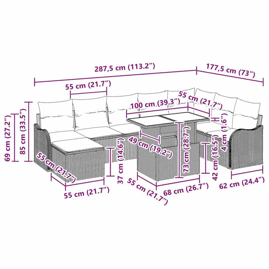 Ensemble de canapé de jardin 9 pcs Marron Poly rotin - 12