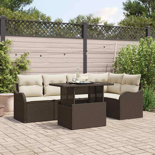 Ensemble de salle à manger avec coussin 6 pcs Marron Poly rotin