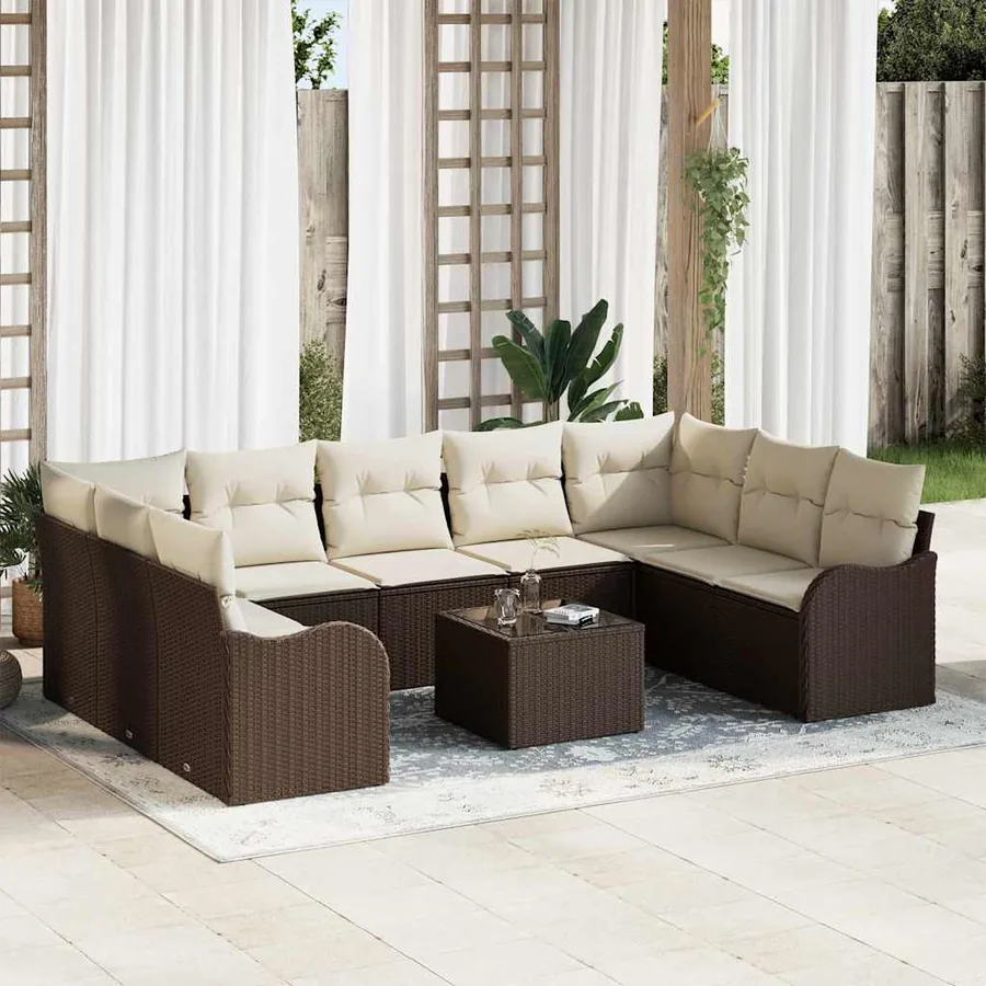 Ensemble de canapé de jardin 10 pcs Marron et blanc Poly rotin