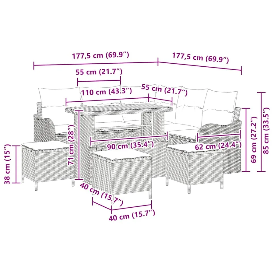 Ensemble de canapé de jardin avec coussin 9 pcs Gris polyrotin - 14