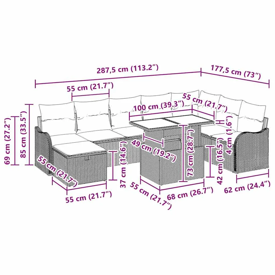 Ensemble de canapé de jardin 9 pcs Gris clair Poly rotin - 13