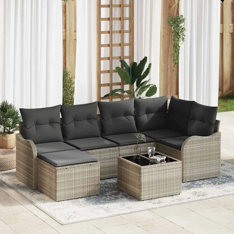 Ensemble de canapé de jardin 7 pcs Gris clair Poly rotin