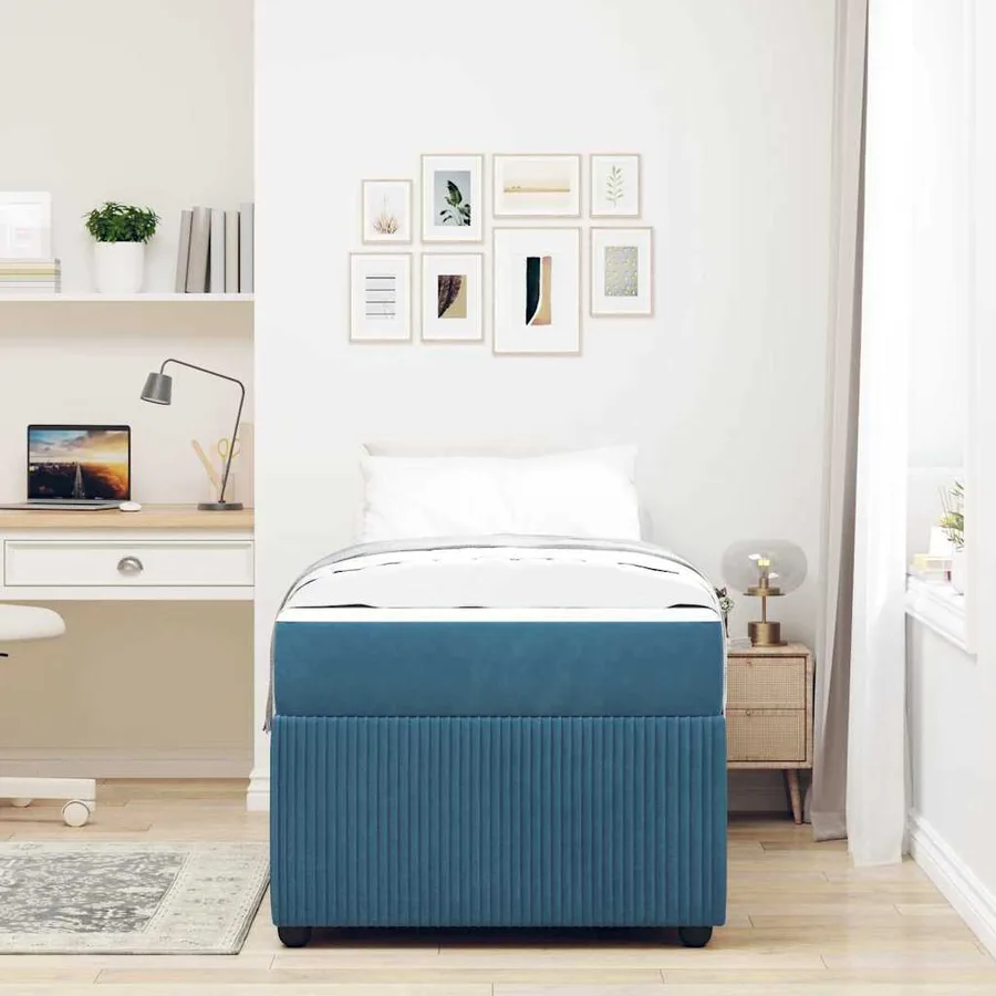 Cadre de lit avec matelas Bleu 100 x 200 cm tissu - 3