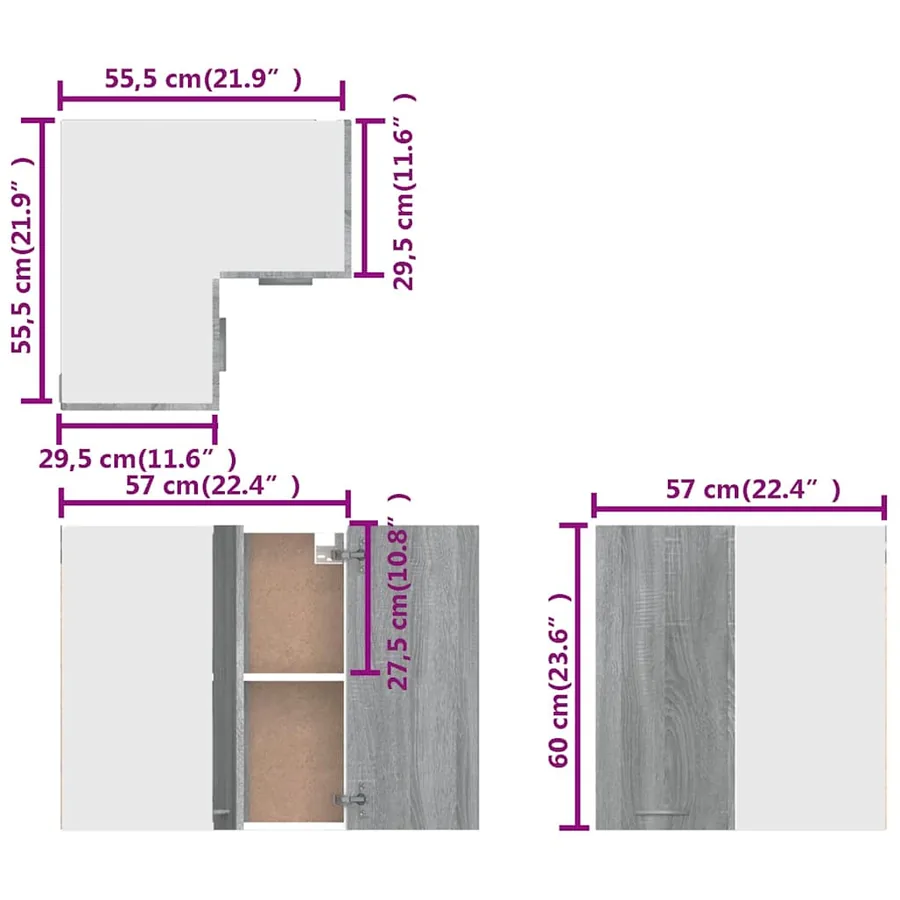 Armoire d'angle suspendue "Lyon" Gris Sonoma 57 x 57 x 60 cm Bois d'ingénierie - 9