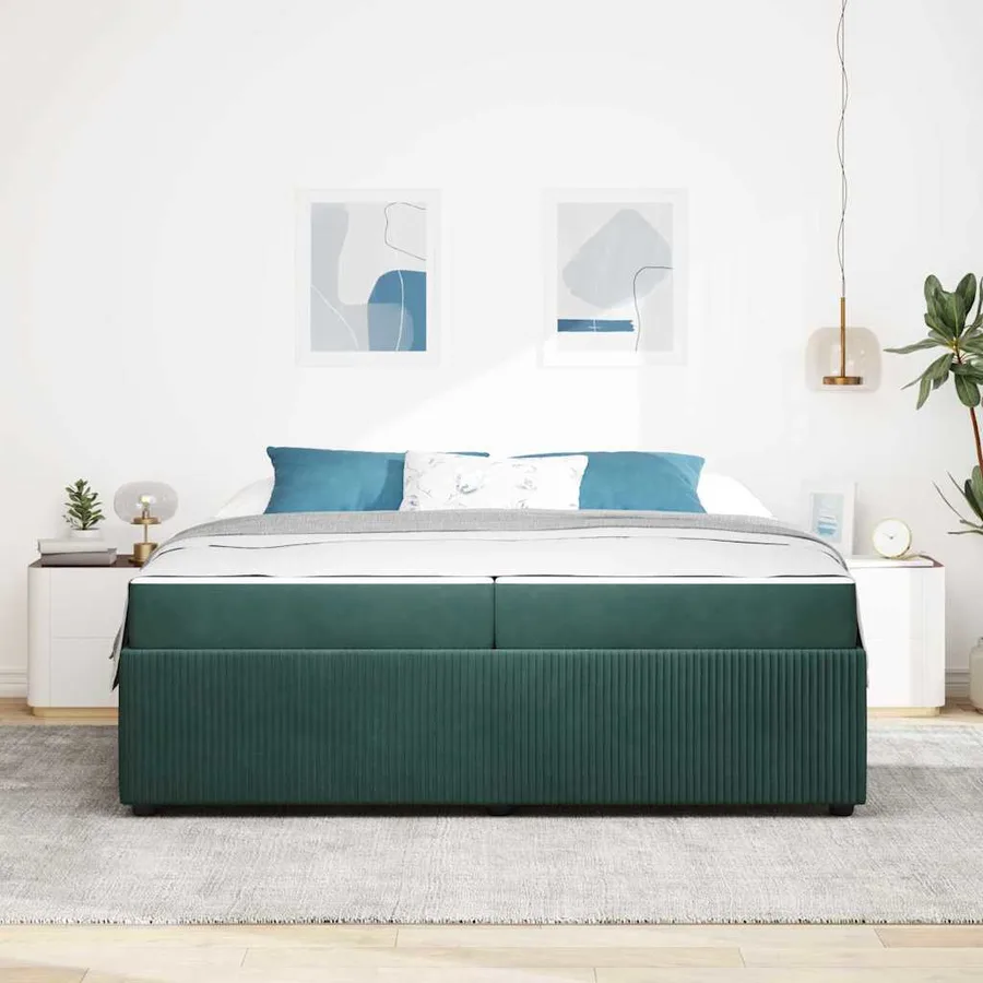 Cadre de lit avec matelas Vert foncé 200 x 200 cm tissu - 3