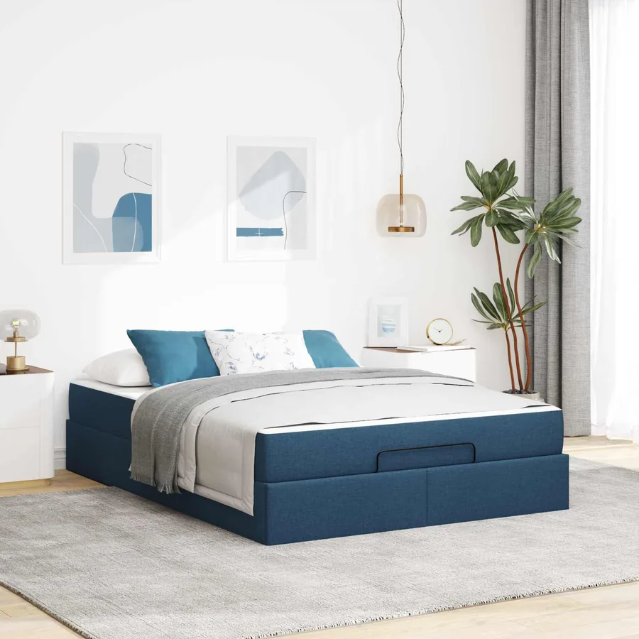 Cadre de lit avec matelas 2 pcs Bleu tissu