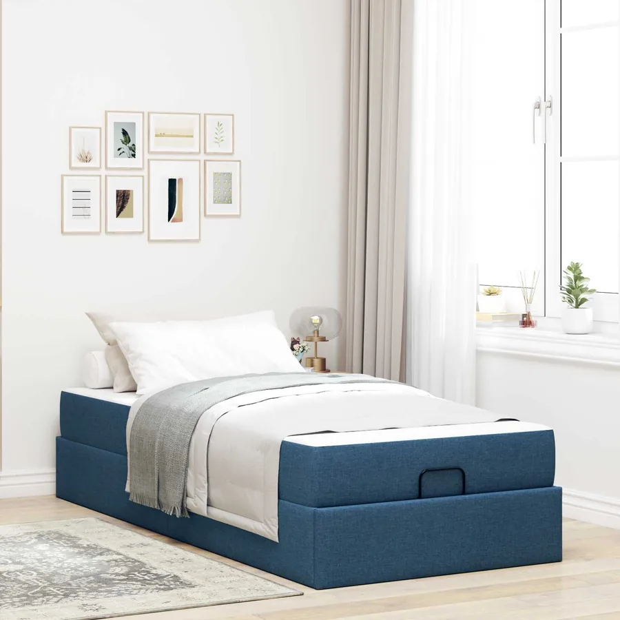 Cadre de lit avec matelas 2 pcs Bleu tissu