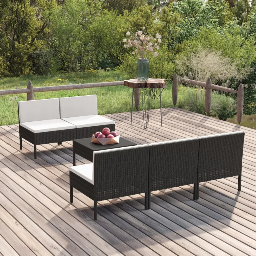 Salon de jardin 6 pcs avec coussins résine tressée noir