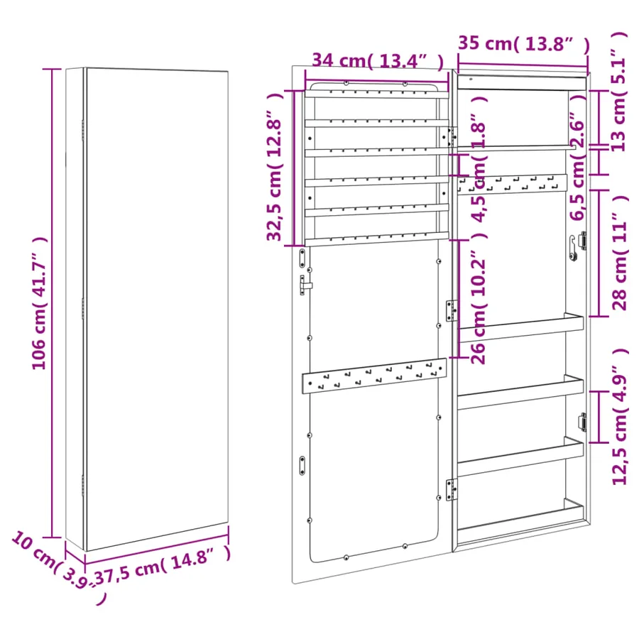 Armoire à bijoux avec miroir et éclairage LED mural - 13