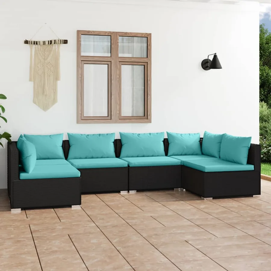 Salon de jardin 6 pcs avec coussins Résine tressée Noir