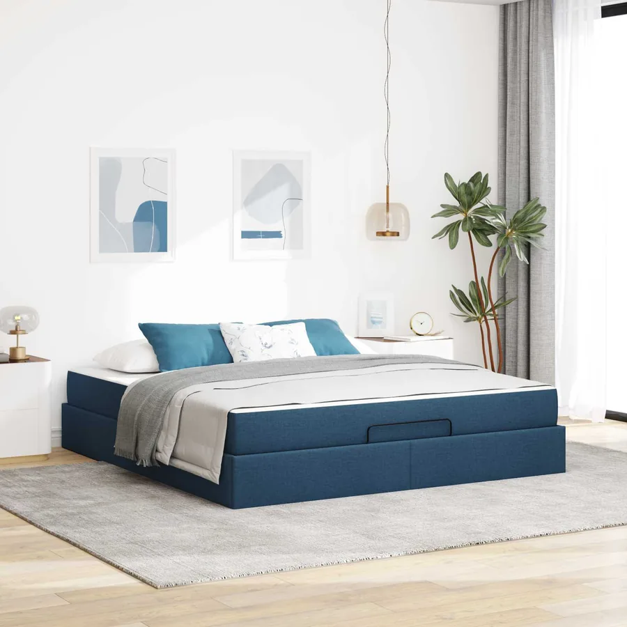 Cadre de lit avec matelas 2 pcs Bleu tissu