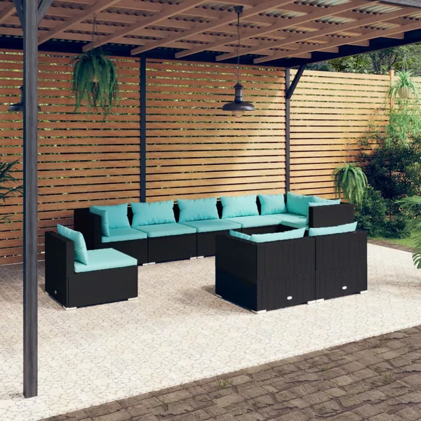 Salon de jardin 9 pcs avec coussins Résine tressée Noir