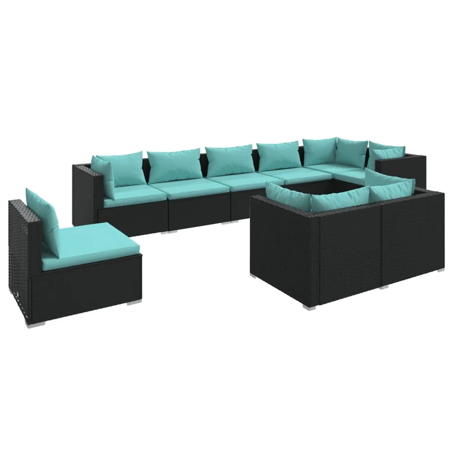 Salon de jardin 9 pcs avec coussins Résine tressée Noir - 2