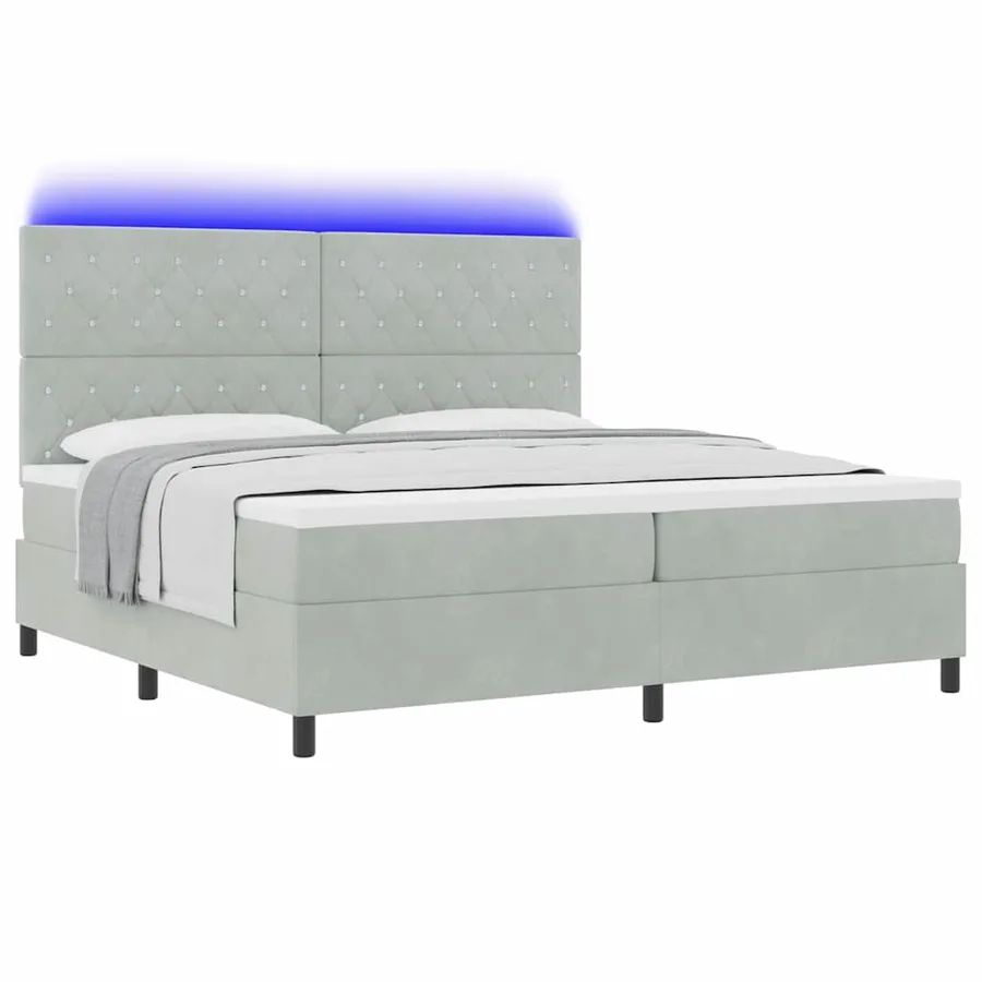 Lit à ressort LED avec matelas Gris clair 200 x 200 cm Velours - 3