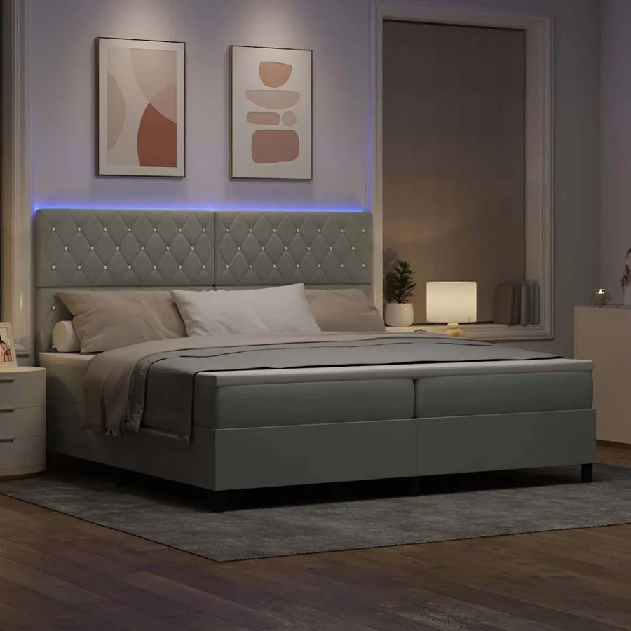 Lit à ressort LED avec matelas Gris clair 200 x 200 cm Velours - 5