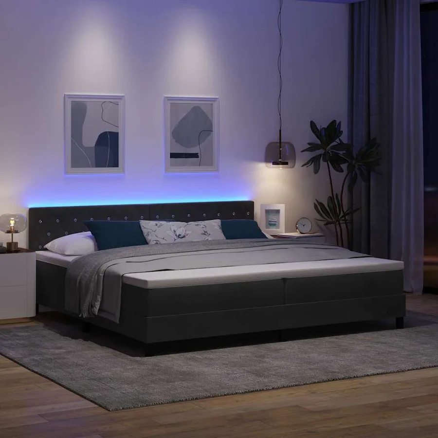 Lit à ressort LED avec matelas Noir 200 x 200 cm Velours - 5