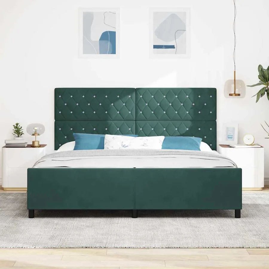 Lit à ressorts avec tête de lit Vert foncé 200 x 200 cm Velours - 3