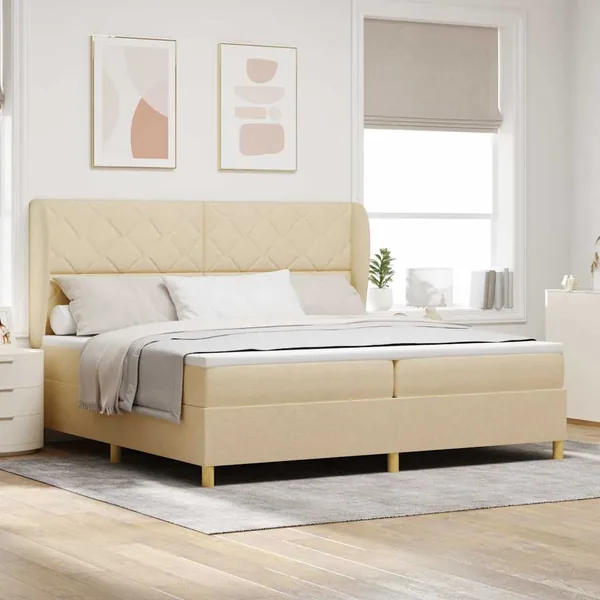 Lit à ressorts avec tête de lit Crème 200 x 200 cm tissu
