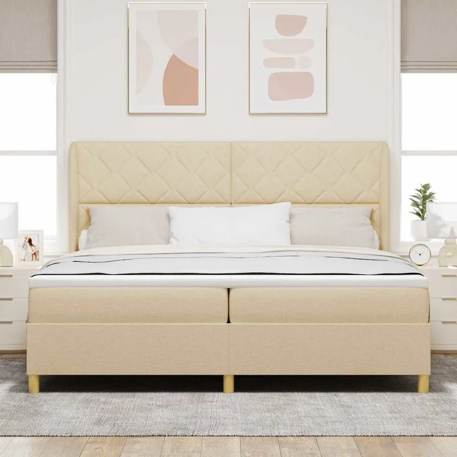Lit à ressorts avec tête de lit Crème 200 x 200 cm tissu - 3