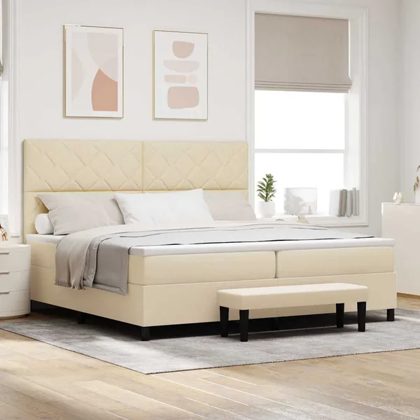 Lit à ressorts avec tête de lit Crème 200 x 200 cm tissu