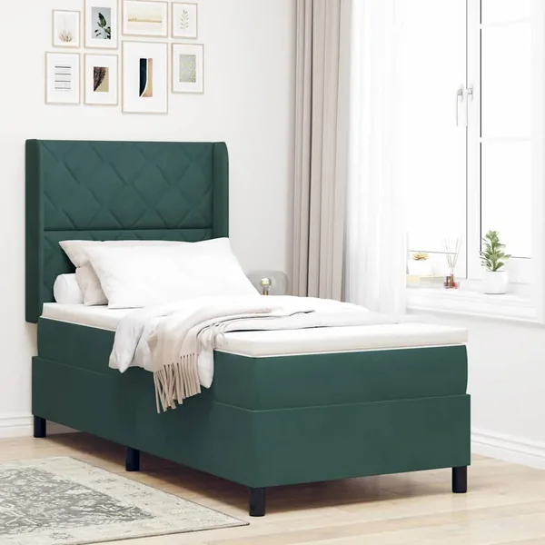 Lit à ressorts avec tête de lit Vert foncé 90 x 200 cm Velours