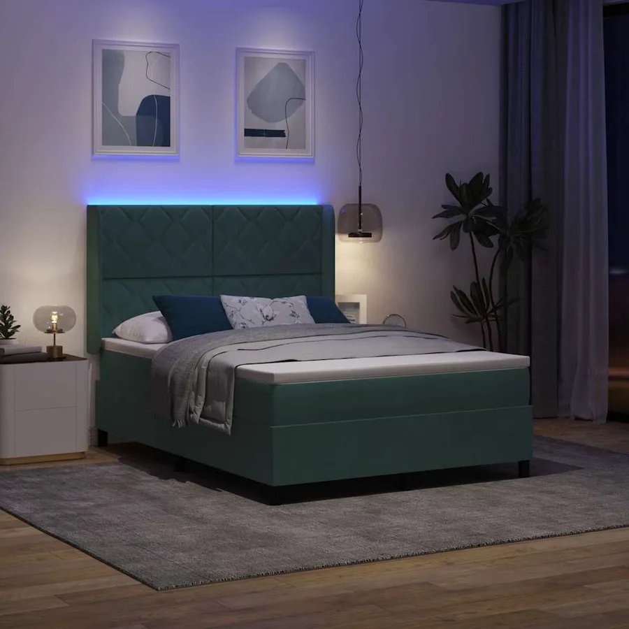 Lit à ressorts avec bandes LED Vert foncé 140 x 200 cm Velours - 5