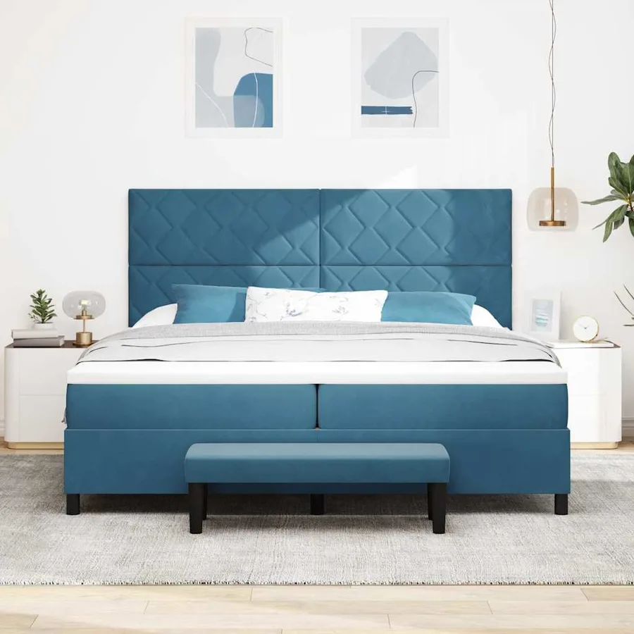 Lit à ressorts avec tête de lit Bleu foncé 200 x 200 cm Velours - 3