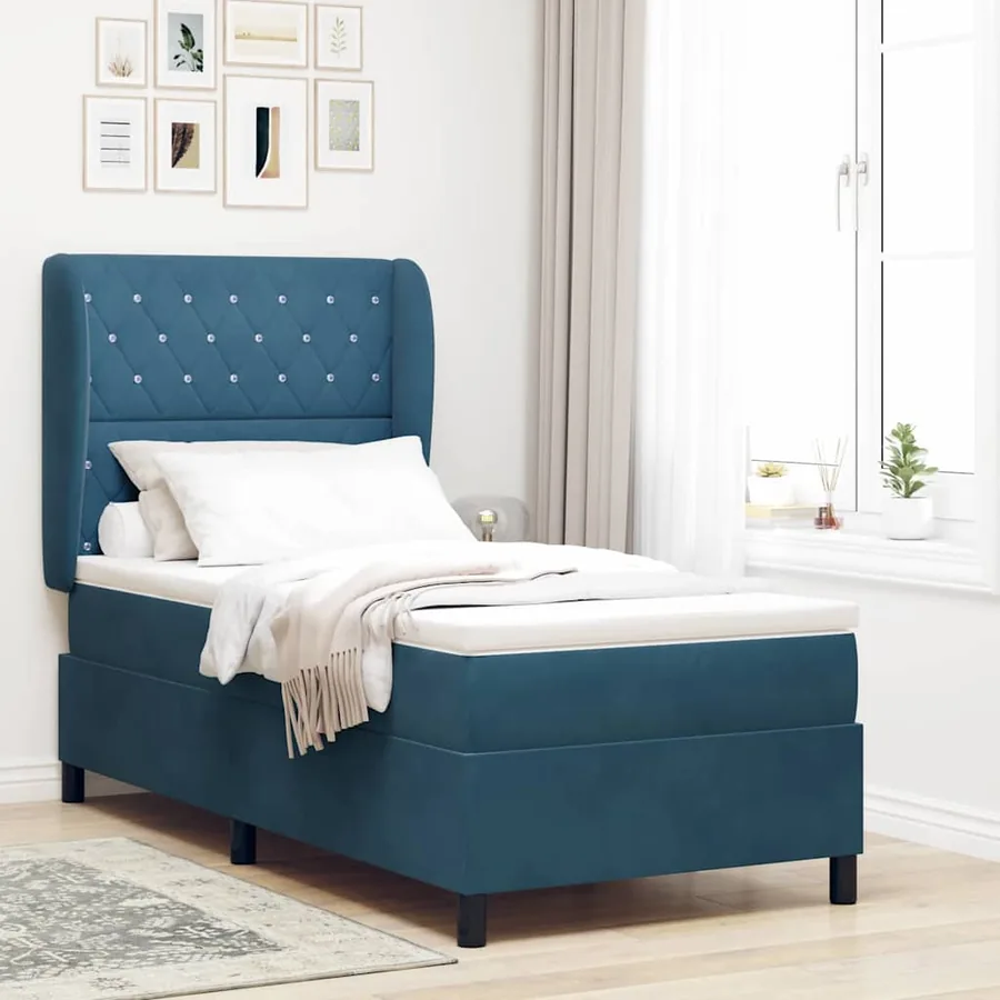 Lit à ressorts avec matelas Bleu foncé 190 x 90 cm Velours