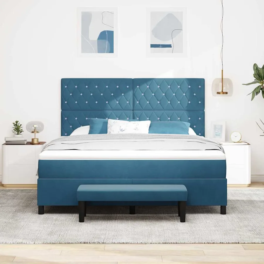 Lit à ressorts avec tête de lit Bleu foncé 200 x 180 cm Velours - 3